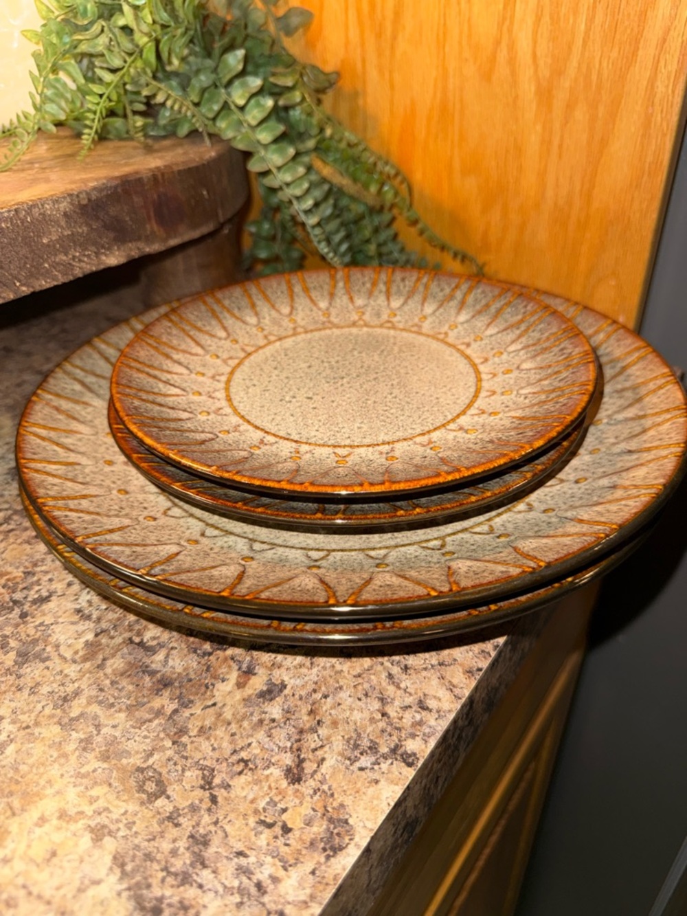 Laurie Gates Ceramic Dinner & Salad Plate Set Brown Geometric Glossy Earthenware